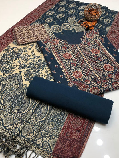 Acrylic Wool Jacquard Shirt Shawl & Trouser 3Pcs Dress
