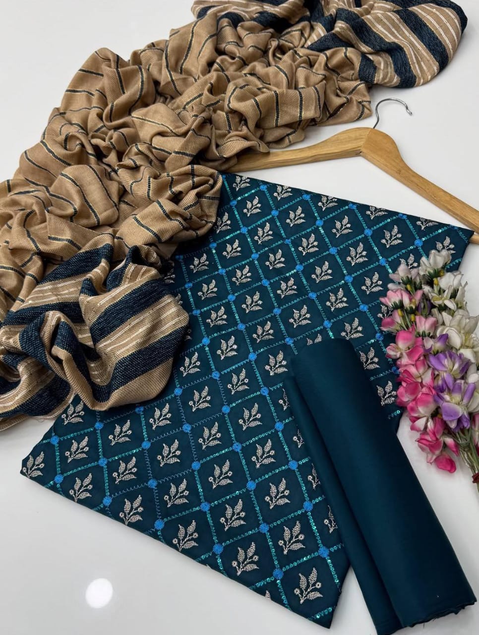 Marina Linen Embroidered Shirt With Velvet Shawl 3Pcs Dress
