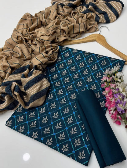 Marina Linen Embroidered Shirt With Velvet Shawl 3Pcs Dress