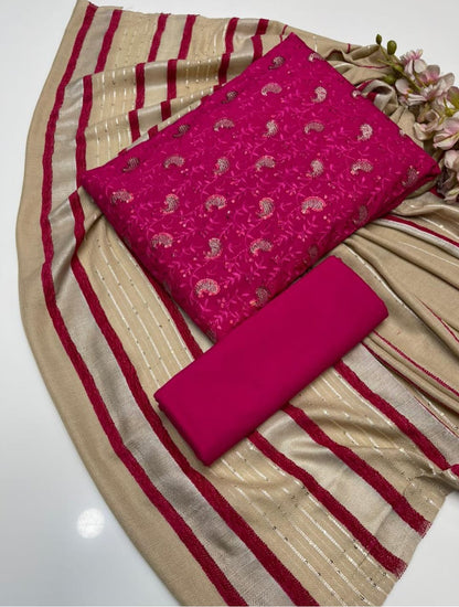 Opaline Marina Linen Embroidered Sequence with Wool Shawl 3Pcs Dress