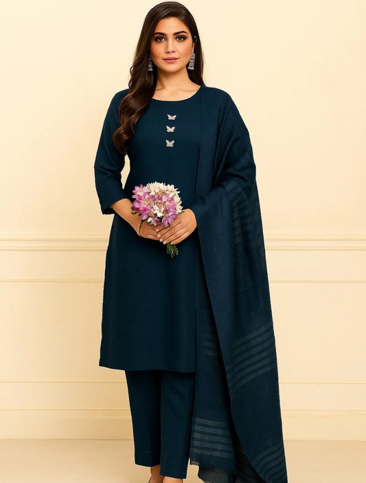 Premium Dhanak Zari Shirt Trouser with Velvet Shawl 3Pcs Dress