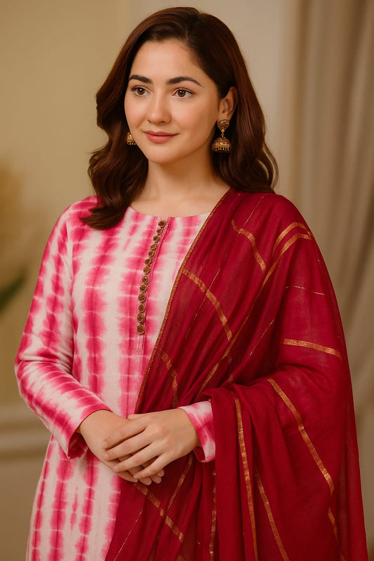 Eminent Pure Cotton Tie N Dye with Zari Dupatta 3Pcs Dress