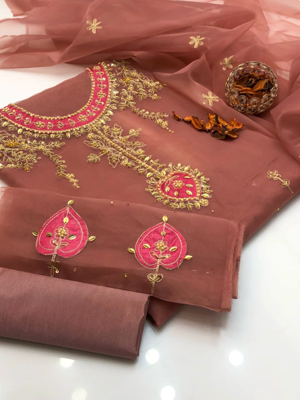 Radiantique Organza Shirt with Embroidered Dupatta & Silk Trouser 3Pcs Dress
