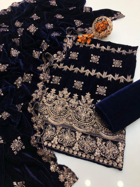 Micro Velvet Heavy Embroidered Dress 3Pcs Dress