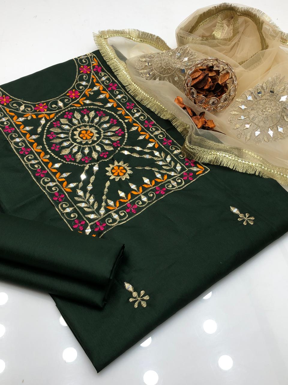 Modern Kataan Silk Multi Reta Embroidered Shirt and Dupatta 3Pcs Dress