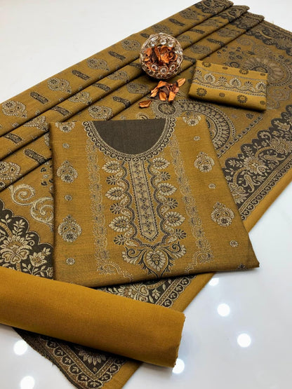 Luxury Wool Jacquard with Heavy Shawl 3Pcs Dress