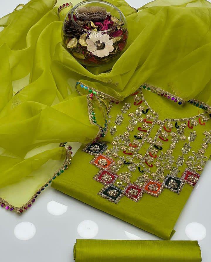 Aurielle Organza Shirt with Lace Border Dupatta & Silk Trouser 3Pcs Dress