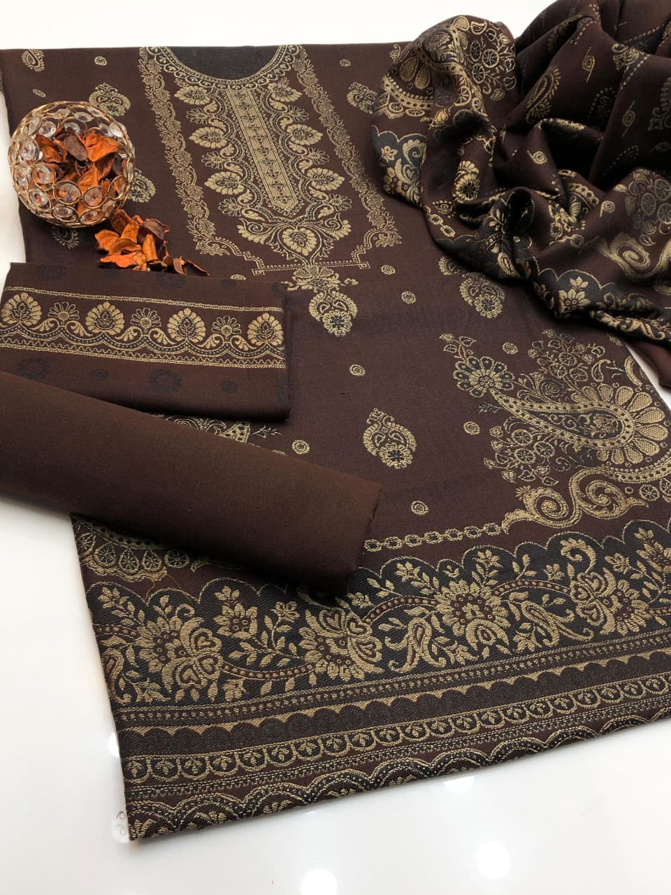 Luxury Wool Jacquard with Heavy Shawl 3Pcs Dress