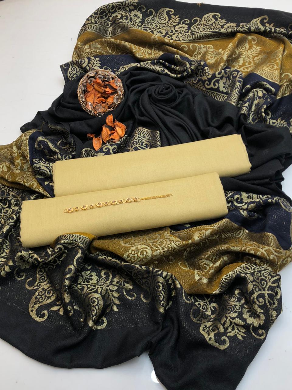 Acrylic Wool Suit With 3D Pashmina Shawl 3Pcs Dress