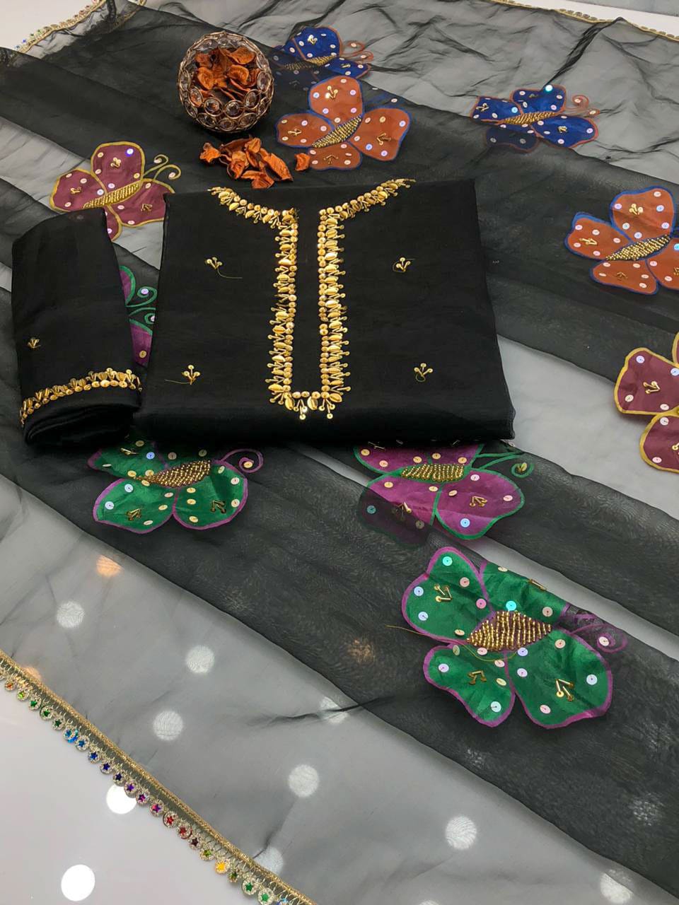 Regal Organza Handwork Suit With Brush Paint Dupatta 2Pcs Dress