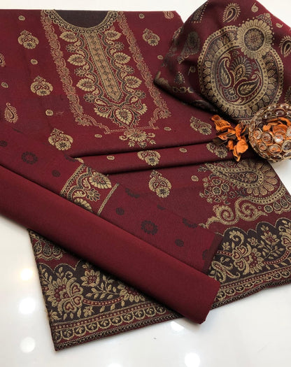 Luxury Wool Jacquard with Heavy Shawl 3Pcs Dress