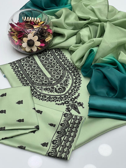 Graceful Shamoze Silk Shirt Trouser With Silk Dupatta 3Pcs Dress
