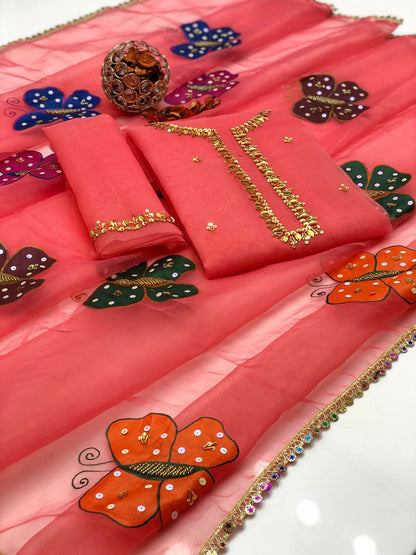 Regal Organza Handwork Suit With Brush Paint Dupatta 2Pcs Dress