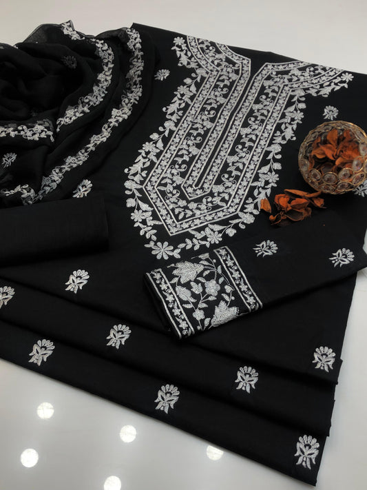 Unique Lawn Cotton Embroidered Shirt and Dupatta 3Pcs Dress