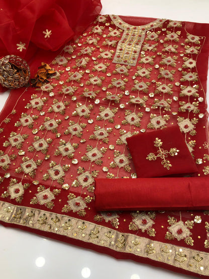 Divine Organza Gala Daman Work and Embroidered Dupata 3Pcs Dress