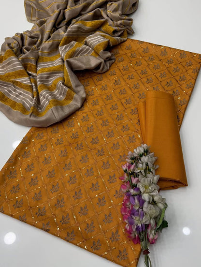 Marina Linen Embroidered Shirt With Velvet Shawl 3Pcs Dress