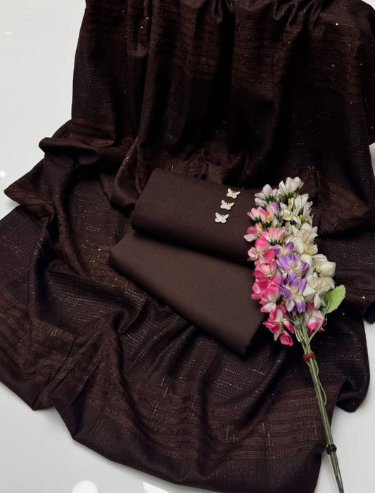 Premium Dhanak Zari Shirt Trouser with Velvet Shawl 3Pcs Dress