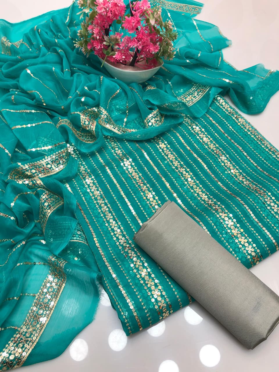 Chiffon Heavy Embroidered Double-Sided Border 3Pcs Dress