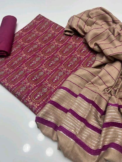 Marina Linen Embroidered Sequin Work with Velvet Shawl 3Pc Dress