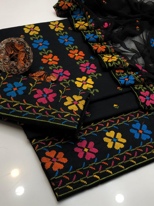 Captivating Lawn Cotton Cross Stitch Shirt and Dupatta 3Pcs Dress