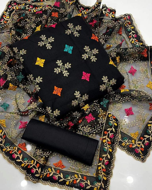 Majestic Lawn Embroidered Jaal with Chiffon Phulkari Dupatta 3Pcs Dress