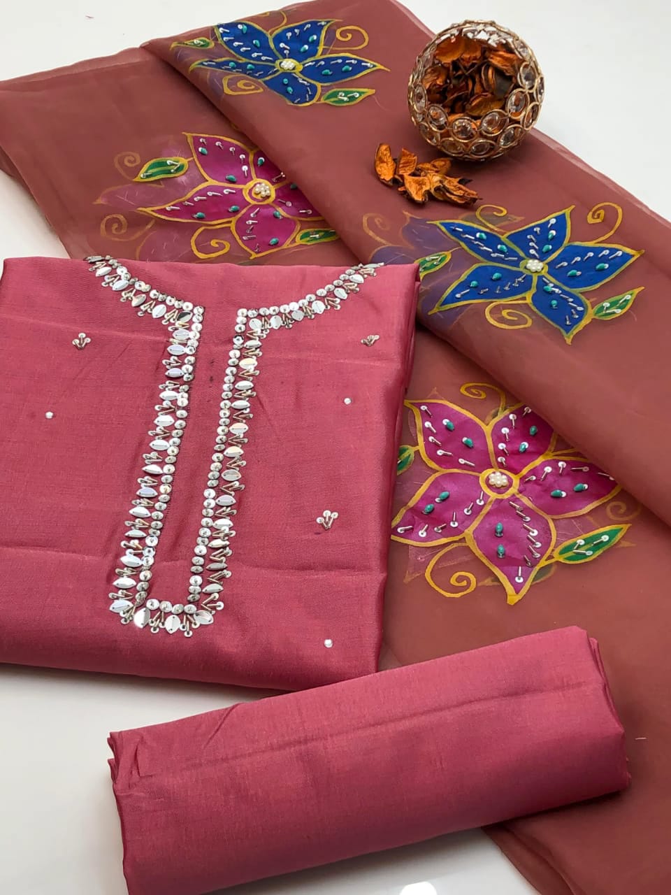 Opalya Kataan Silk Shirt with Oil Paint Dupatta & Trouser 3Pcs Dress
