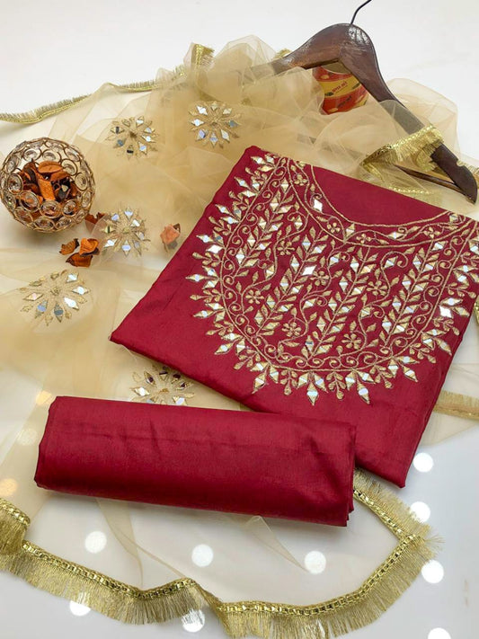 Velina Kataan Silk Mirror Work 3Pcs Dress