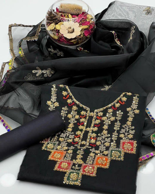 Aurielle Organza Shirt with Lace Border Dupatta & Silk Trouser 3Pcs Dress