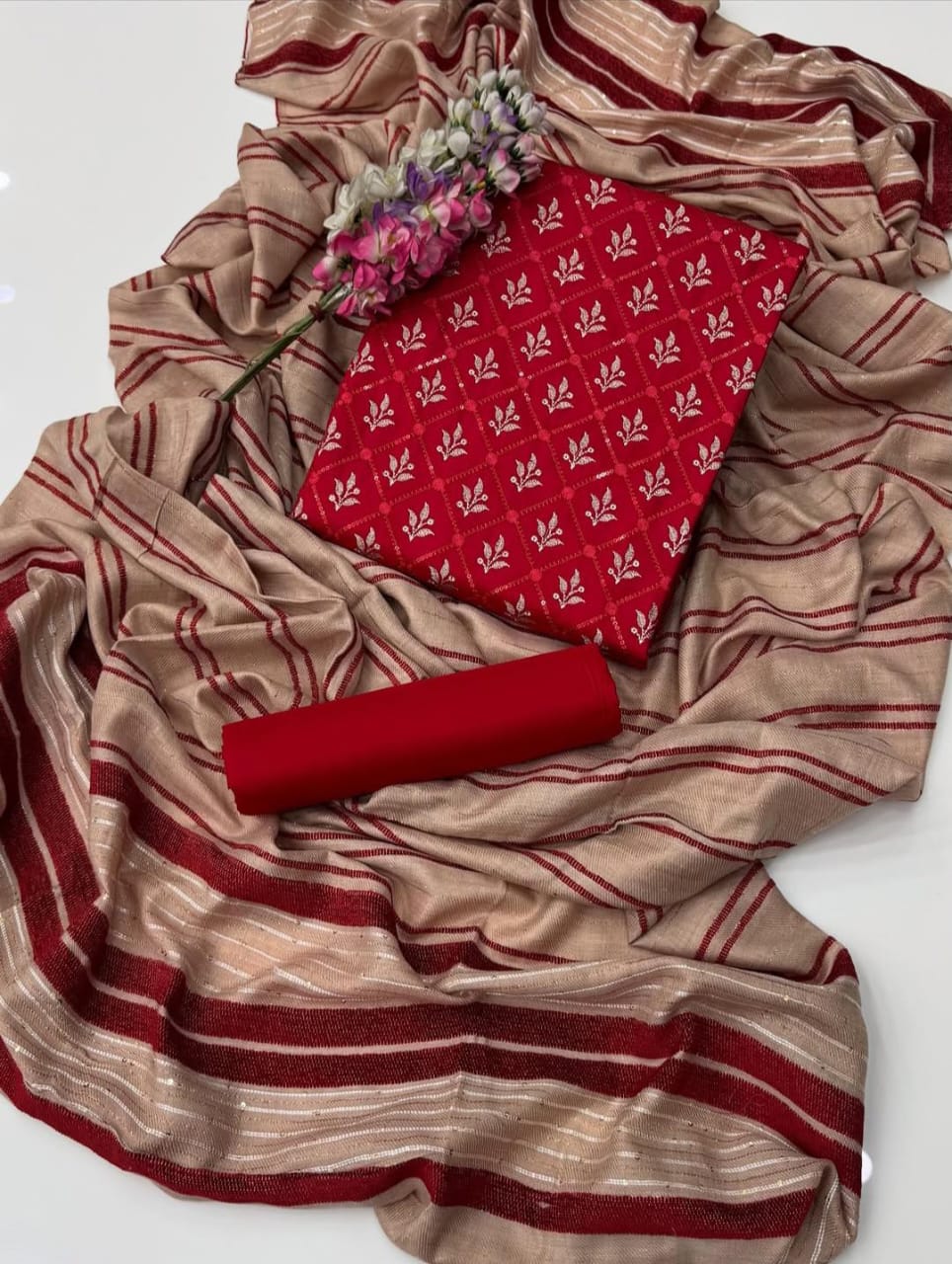 Marina Linen Embroidered Shirt With Velvet Shawl 3Pcs Dress
