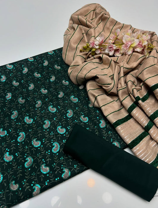 Opaline Marina Linen Embroidered Sequence with Wool Shawl 3Pcs Dress