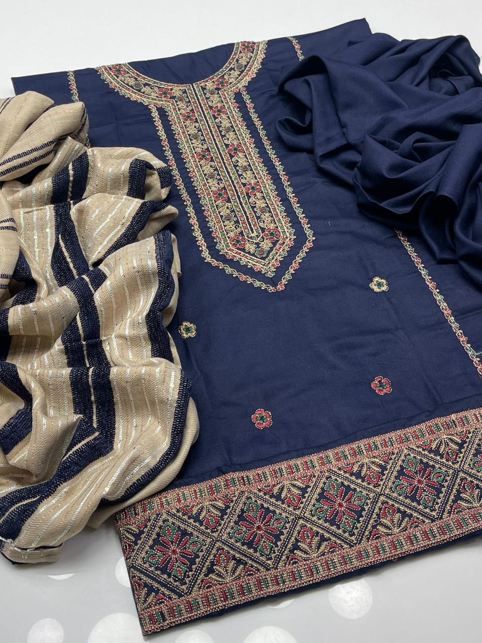 Dhanak Embroidered With Velvet Shawl 3Pcs Dress