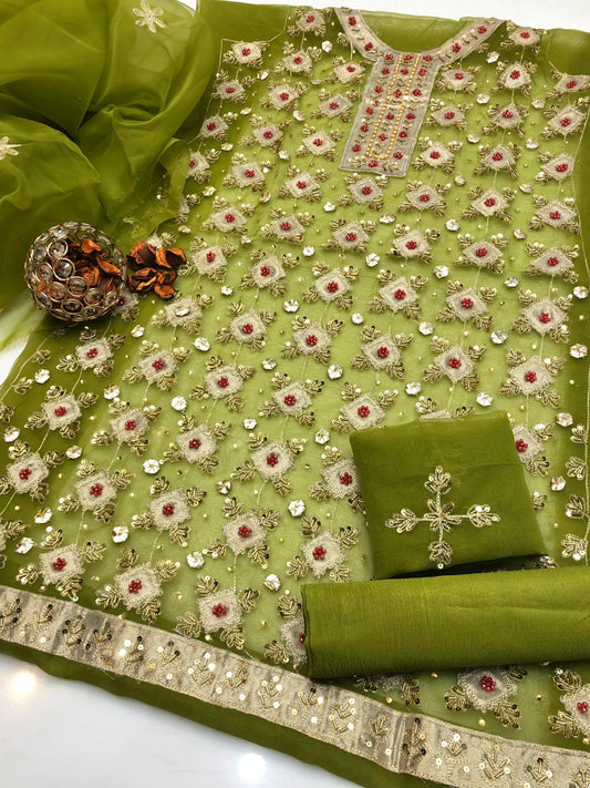 Divine Organza Gala Daman Work and Embroidered Dupata 3Pcs Dress